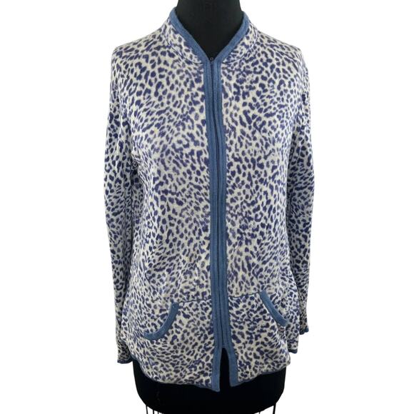 ST JOHN Blue White Leopard Animal Print Cashmere Full-Zip Sweater Cardigan FLAW - Picture 1 of 16
